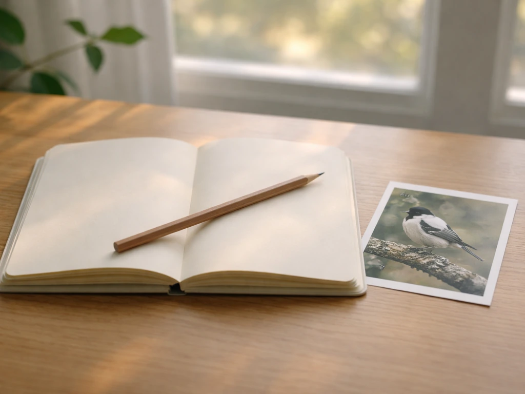 Notebook with pencil and a small chickadee field guide photo as a journaling prompt, on a desk.