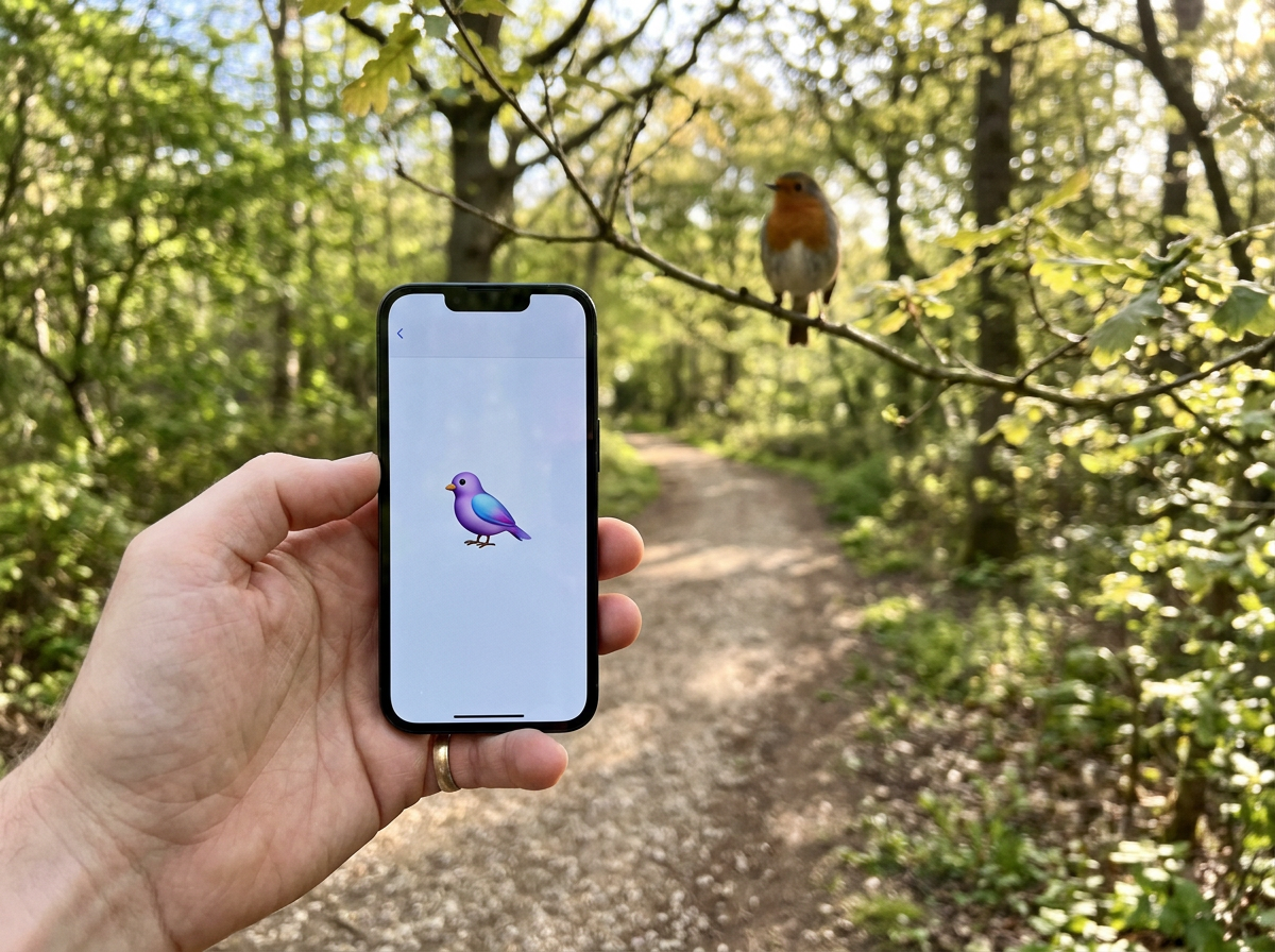 Smartphone showing 🐦 emoji outdoors with a real perched bird in the background