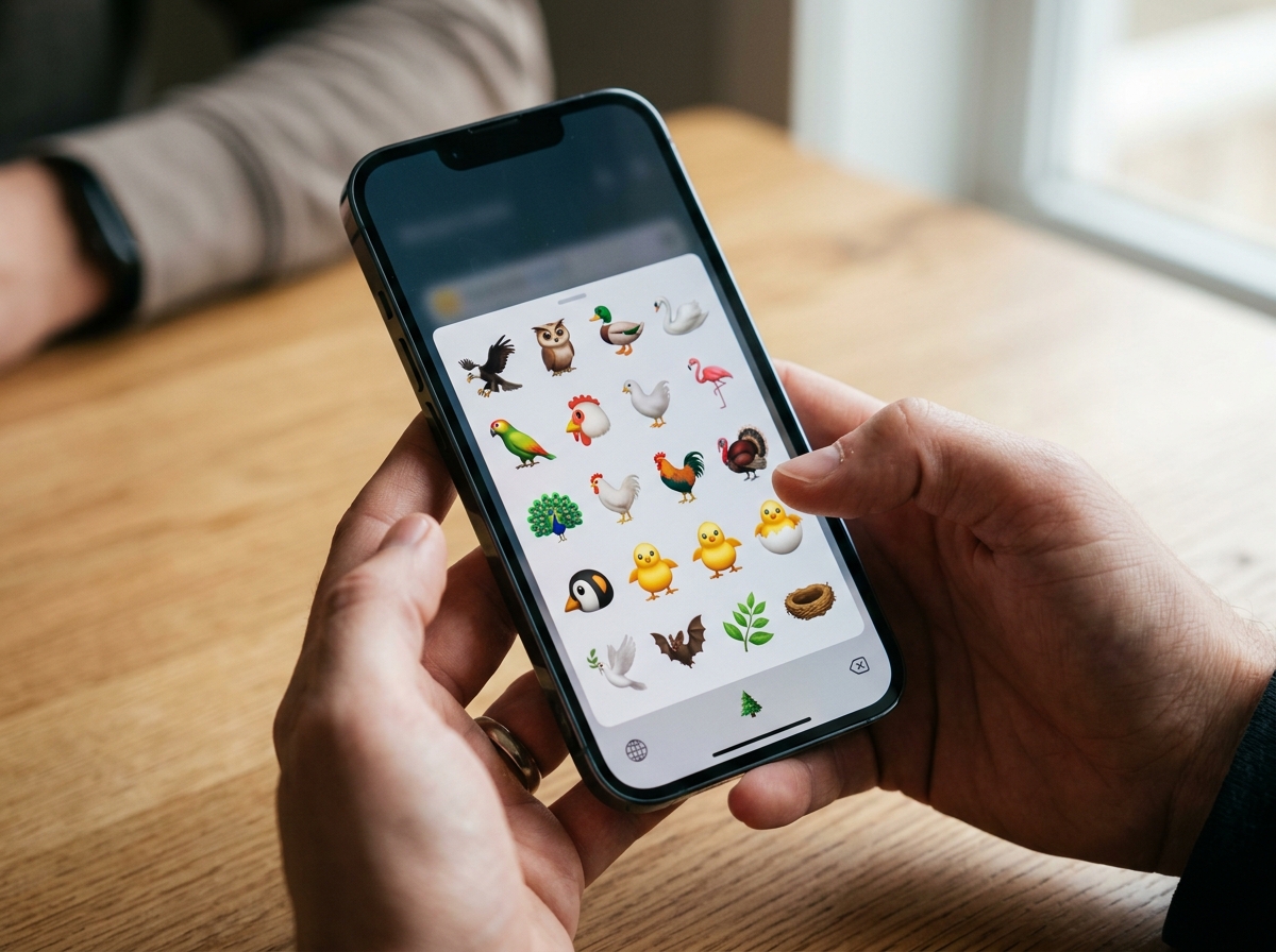 Phone emoji picker showing 🐦 and related bird variants