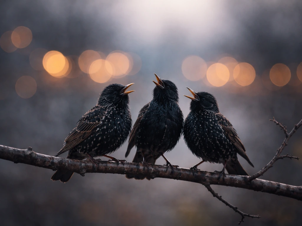 Three dark starlings perched on a branch with soft city bokeh at dusk, minimal and symbolic mood.