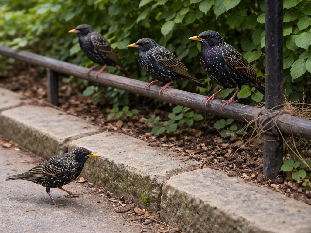 European starlings hopping and perching by an urban garden fence with nesting twigs visible.