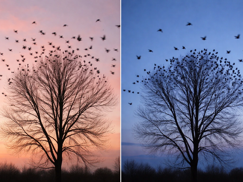 Split dawn-and-dusk view of dark starlings scattering from and returning to a bare tree.