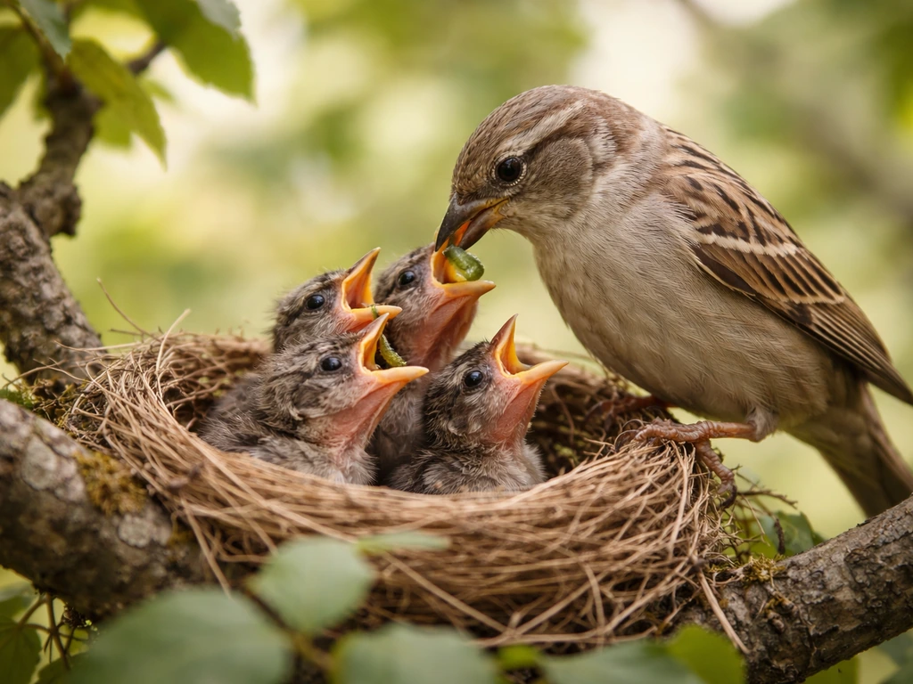 A female bird feeds small chicks in a nest on a low branch in warm natural light.