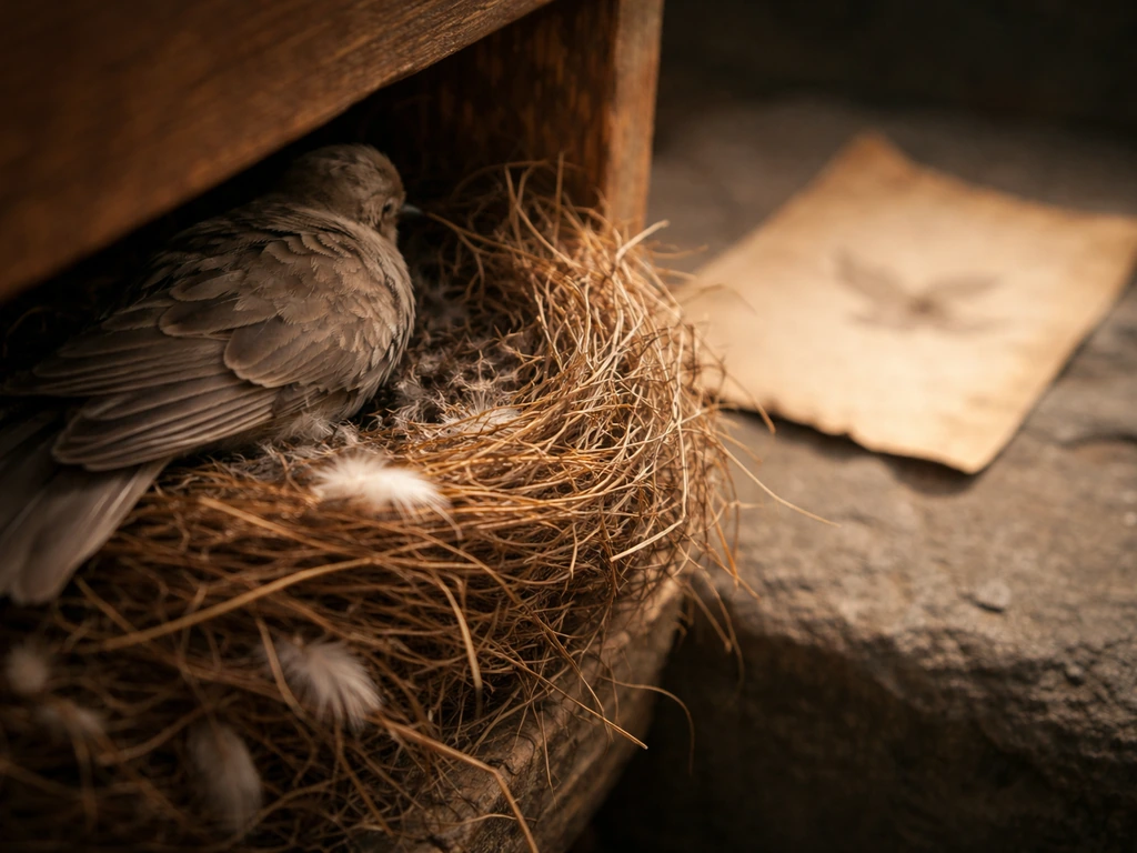 Close-up nest with softly lit feathers, aged parchment backdrop with subtle bird silhouette texture.