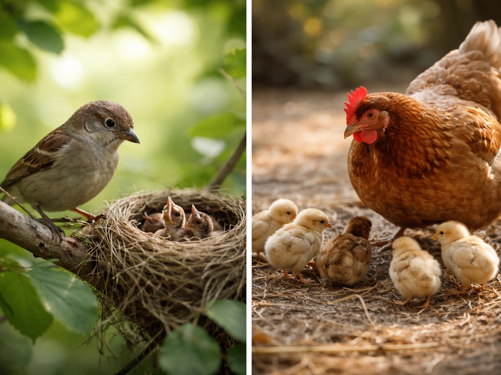 A wild mother bird near a nest and a mother hen with chicks in a simple, natural outdoor setting.