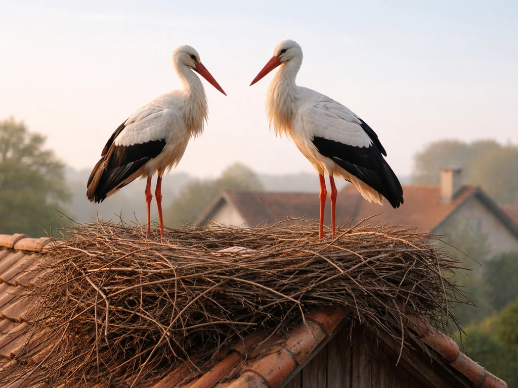 White storks standing by a large nest on a rooftop, conveying birth and parenthood symbolism