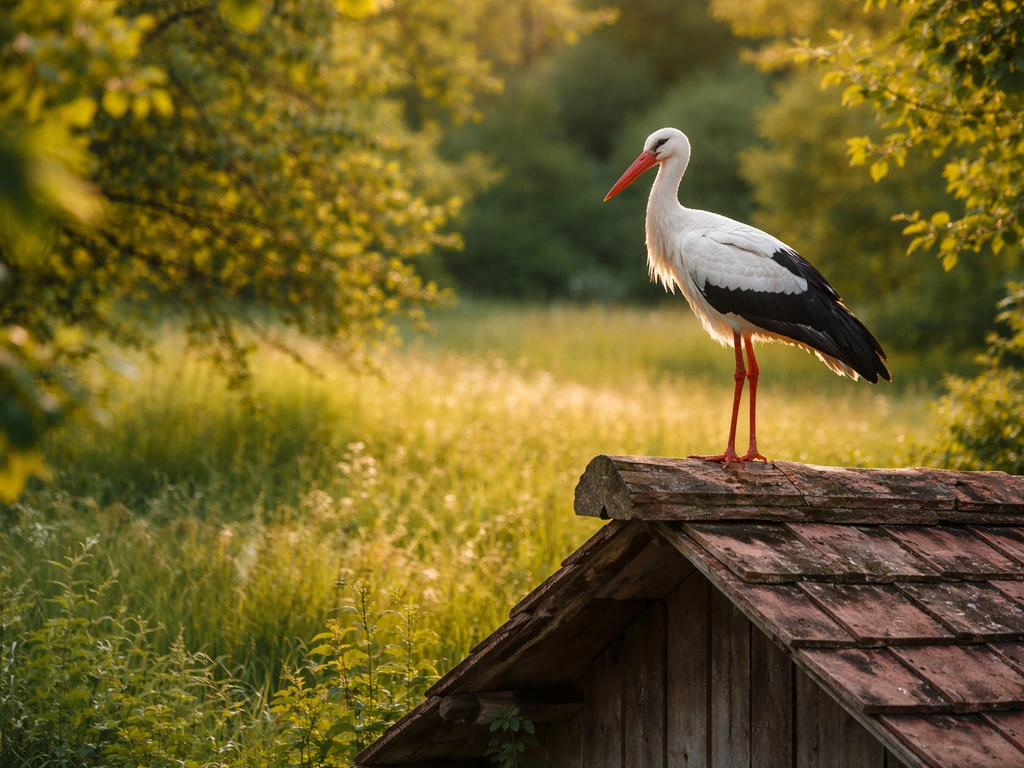 White stork perched near a home roof with lush spring-summer greenery in warm sunlight.