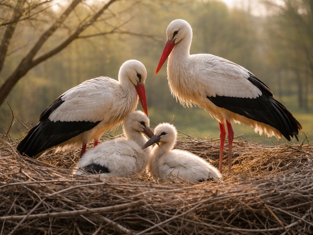 A stork nest with two adult storks and two juveniles in soft morning light.