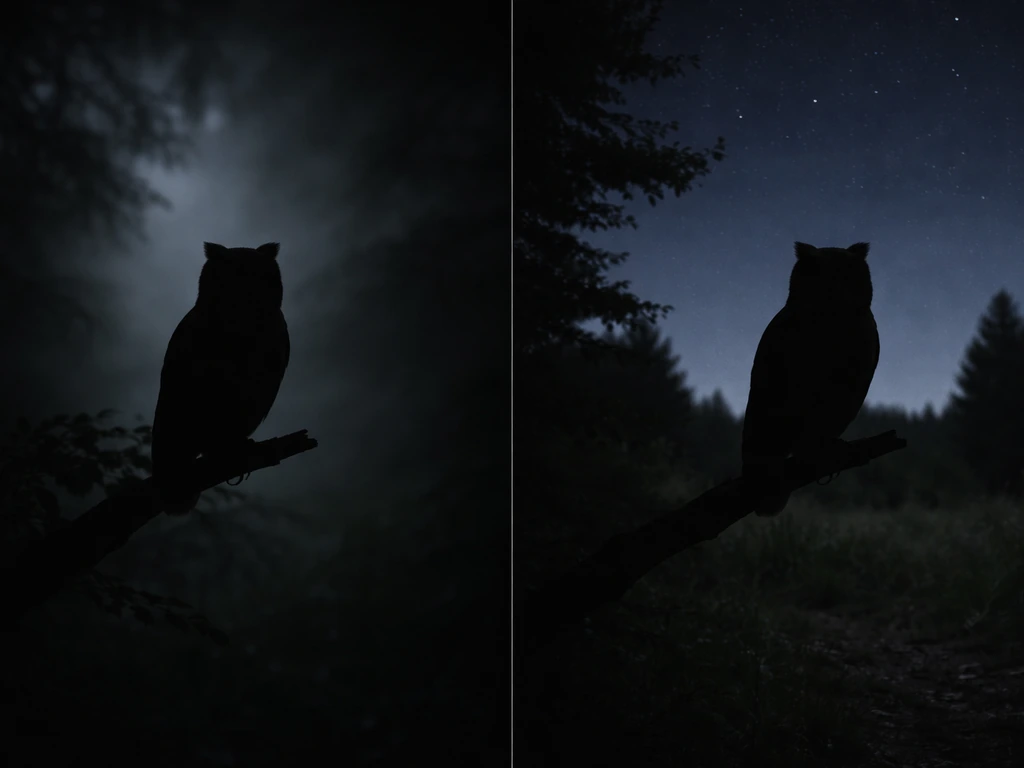 A split-scene shows an owl silhouette in two contexts: dim misty night and a literal outdoor nighttime view.