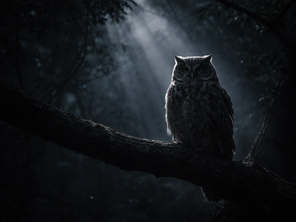 An owl perched in dark branches, lit by moonbeams filtering through trees.