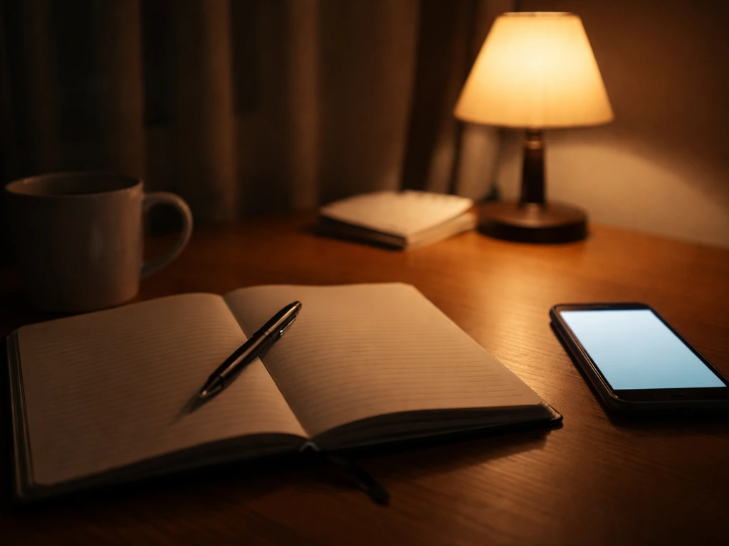 Late-night notebook and phone glow under a dim lamp, suggesting being up past 3 a.m.