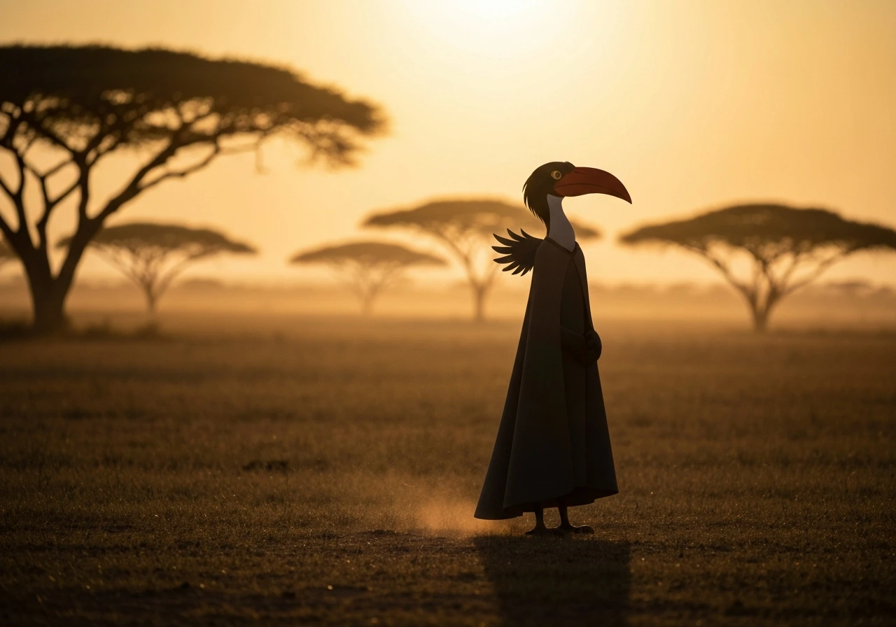 Hornbill-inspired advisor silhouette in a golden savanna, conveying loyalty and order.