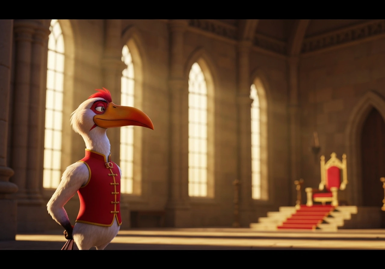 A red-billed hornbill-like majordomo bird perched by a royal throne room, conveying loyalty and ordered service.