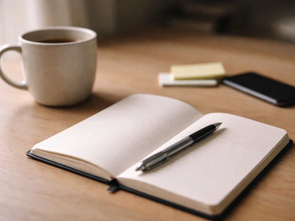 Minimal desk scene with a notebook and pen showing everyday slang use in informal conversation context