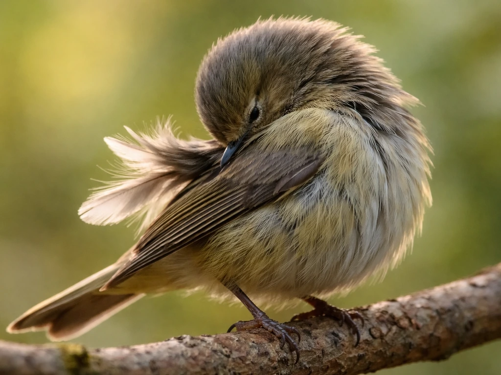 Close-up of a small bird preening on a branch, bill aligning clean feathers in natural light.
