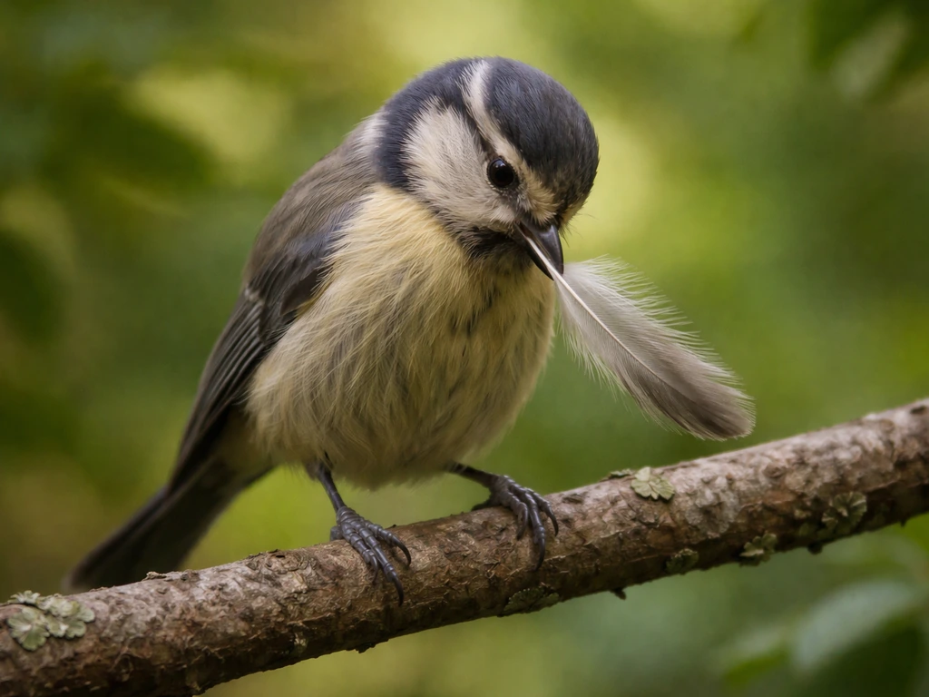 Close-up of a small bird preening, drawing one feather through its beak base to tip.