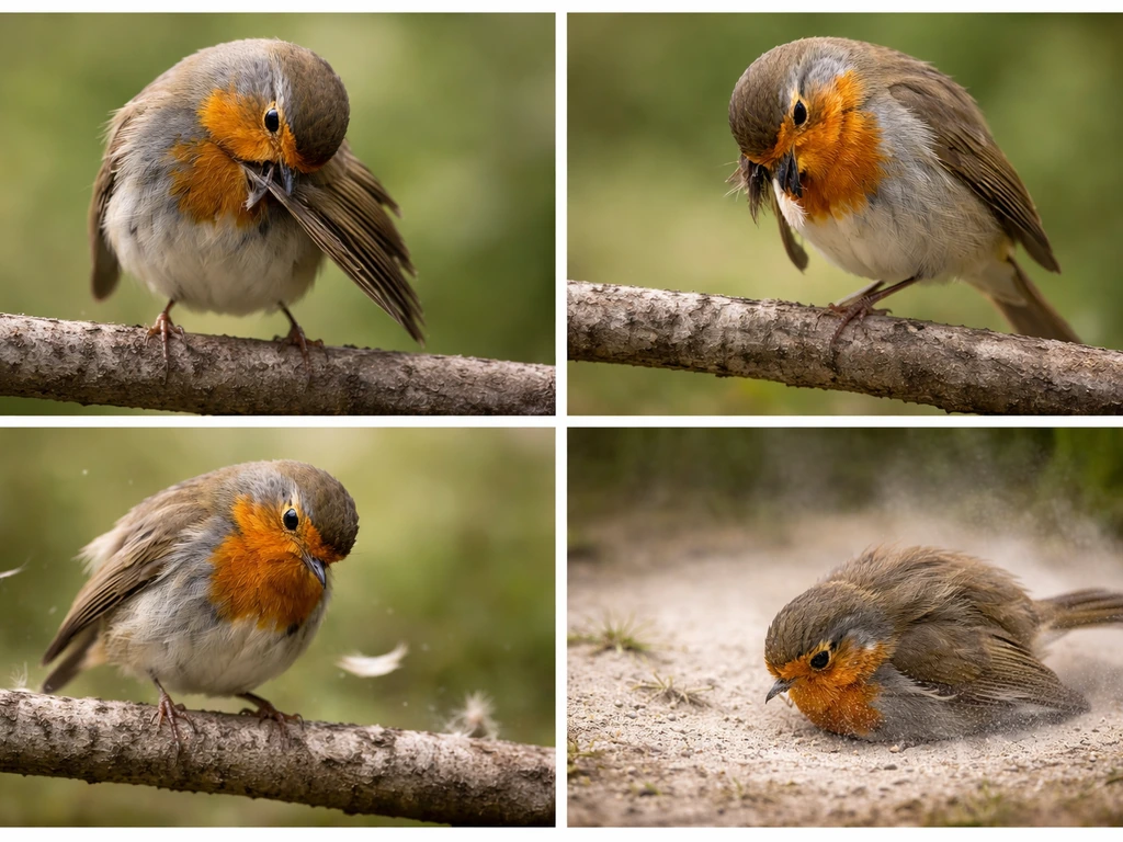 Four-panel view of a small bird preening, grooming, molting, and dust bathing on a simple perch.