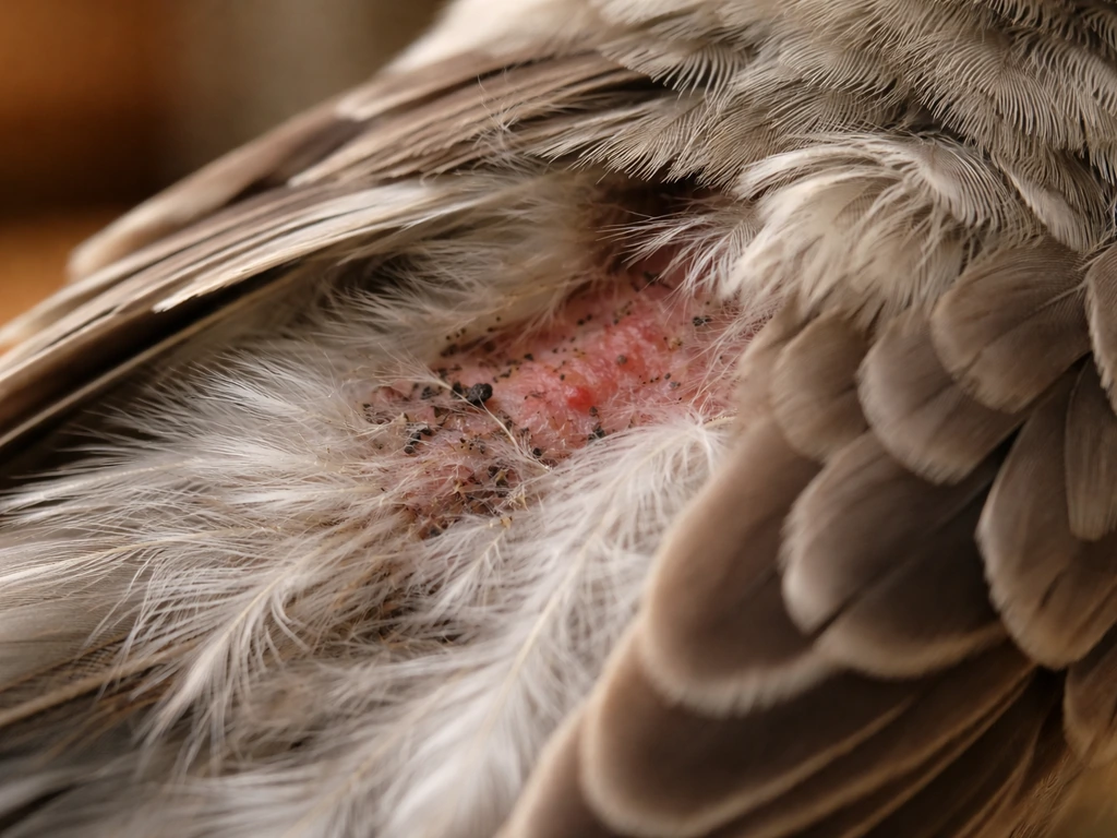 Close-up of a bird’s ruffled feathers with tiny dark specks and mild irritated skin.