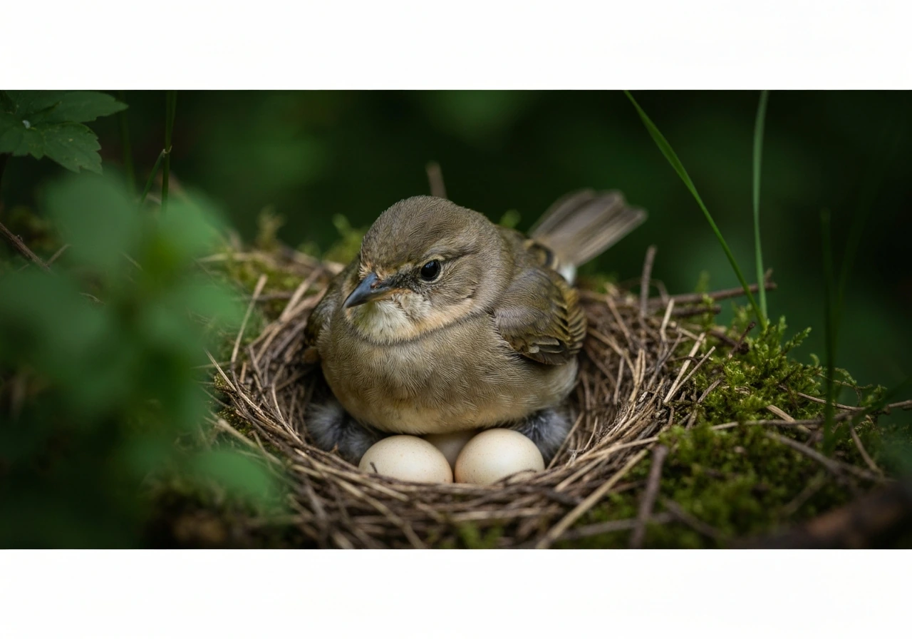 A protective bird broods over eggs in a natural nest, warm and vulnerable in soft forest light.