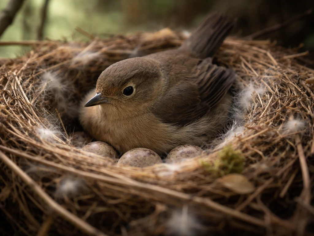 Close-up of a small bird brooding on eggs in a natural nest.