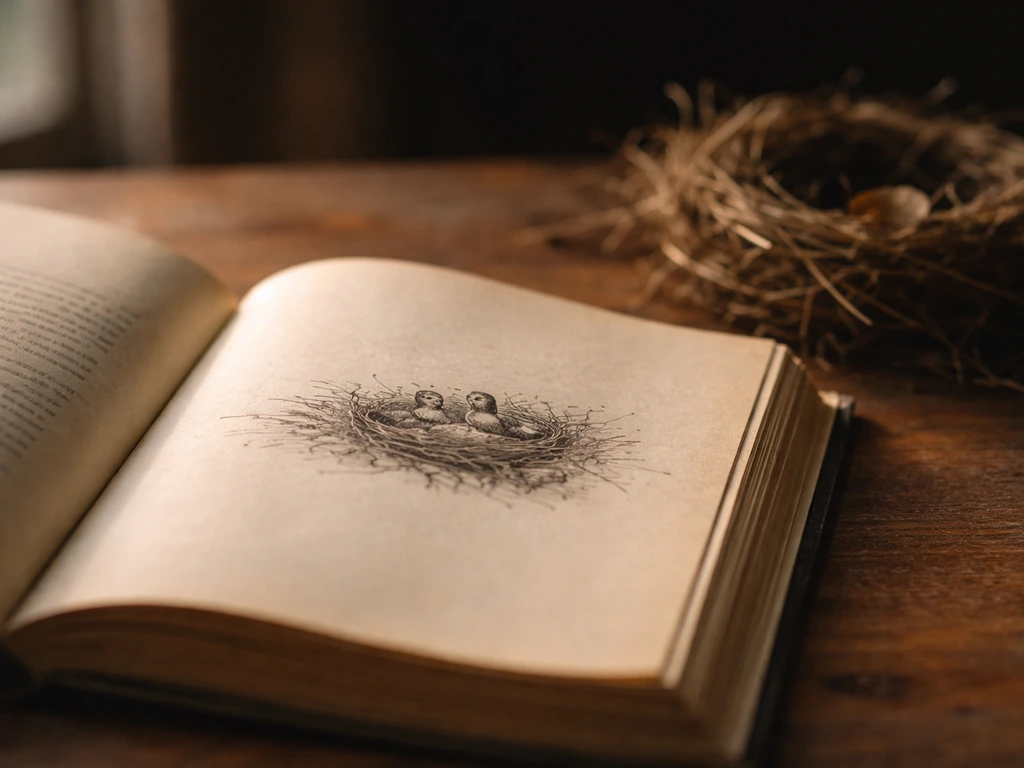 Open book on a wooden table with a nest-sitting bird illustration, warm natural light, moody literary feel.