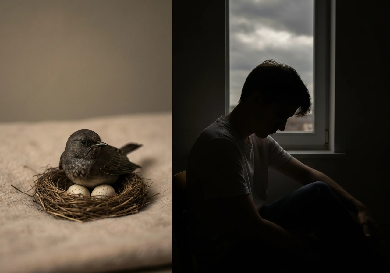 Minimal scene showing two staged meanings of “brooding”: a bird on eggs and a moody person by a window.