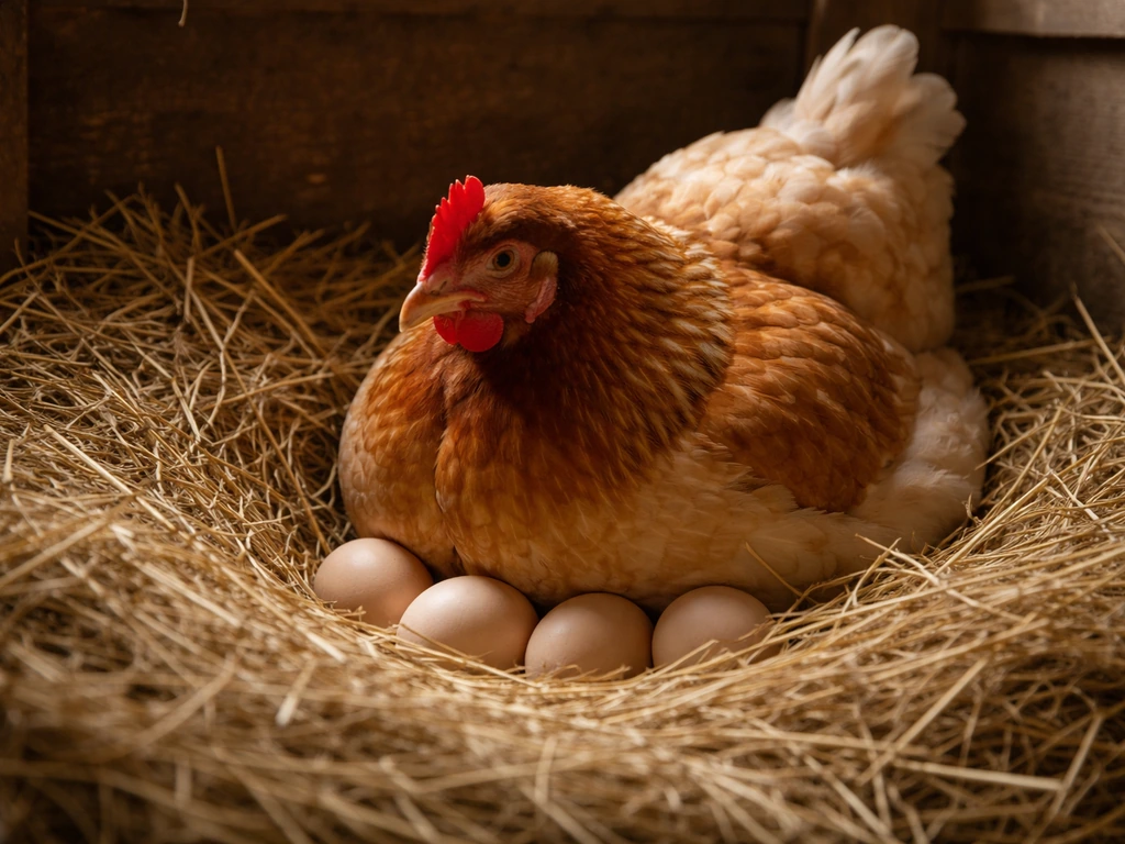 A hen brooding in a nest, sitting on eggs in warm coop bedding