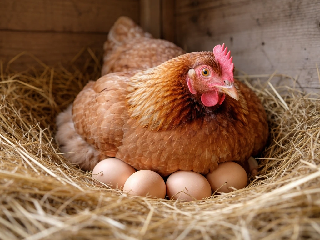 A domestic hen brooding on a nest with eggs visible in a simple straw-lined coop corner.