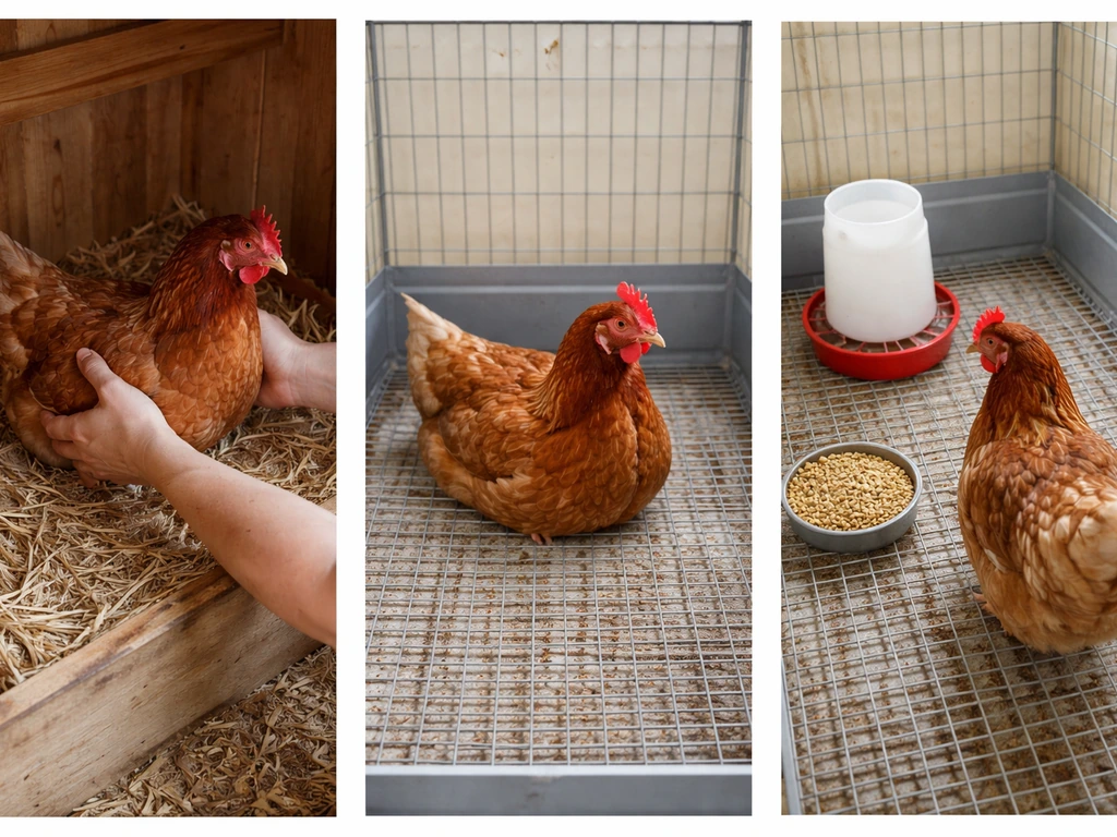 Three-frame photo showing safely removing a broody hen, moving to wire-bottomed area, then water/feeding access.