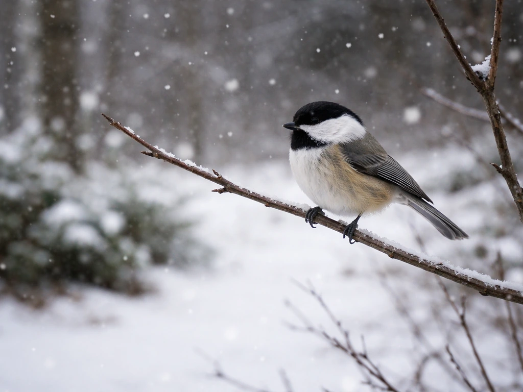 Small winter songbird perched on bare branches over snowy ground in a quiet woodland edge