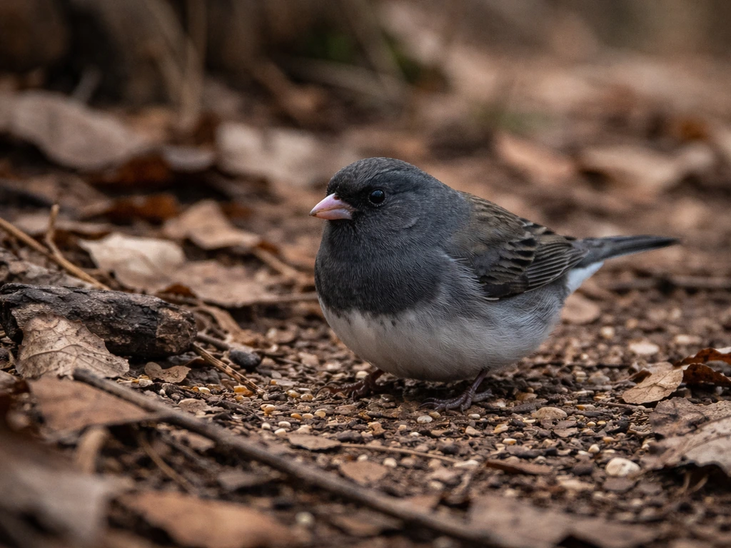 Dark-eyed junco foraging on winter leaf litter at a quiet woodland edge