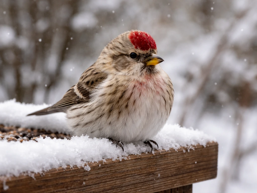 A common redpoll perched on a snowy feeder, compact body with pale streaking in winter light.