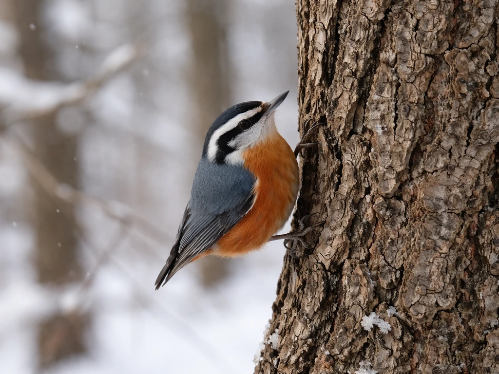 Red-breasted nuthatch clinging headfirst to a winter tree trunk with soft snowy forest background.