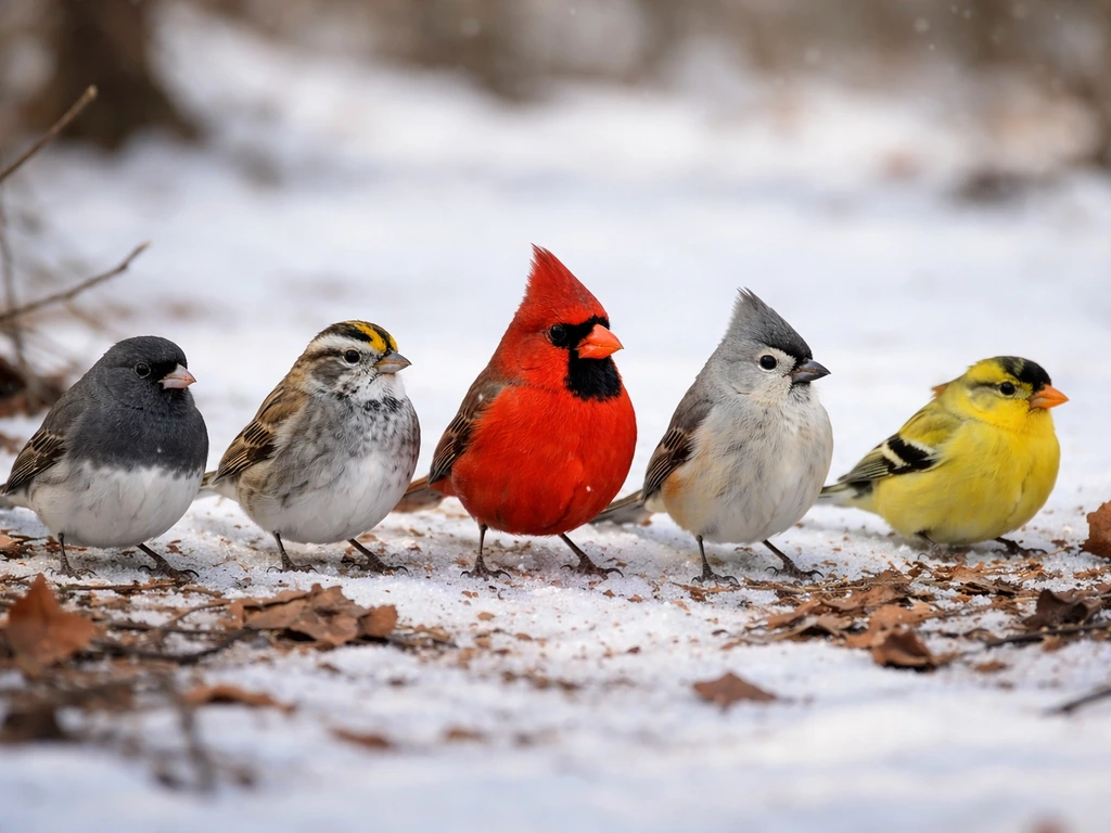 Five winter birds perched on snowy ground in a simple side-by-side photo collage