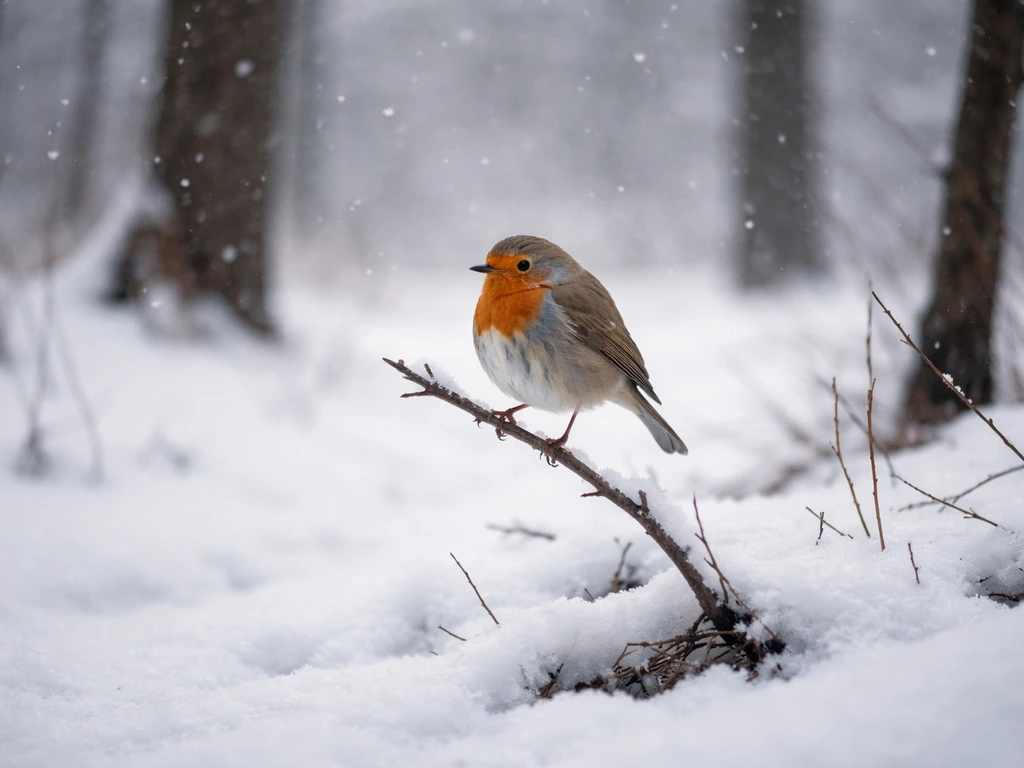 A small winter bird perched on snow beside bare trees in a quiet cold landscape