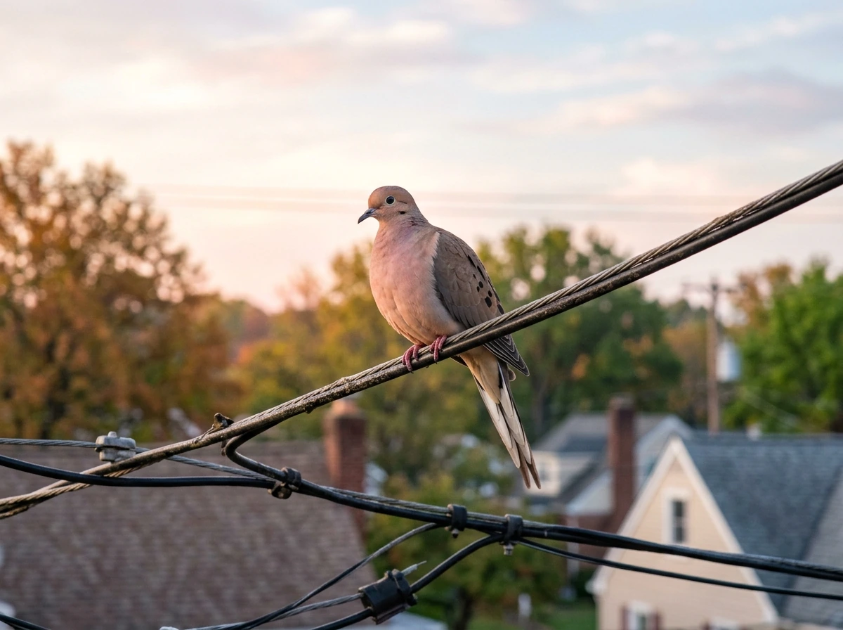 Mourning dove perched on a power line at dawn, evoking the “doe doe” call.