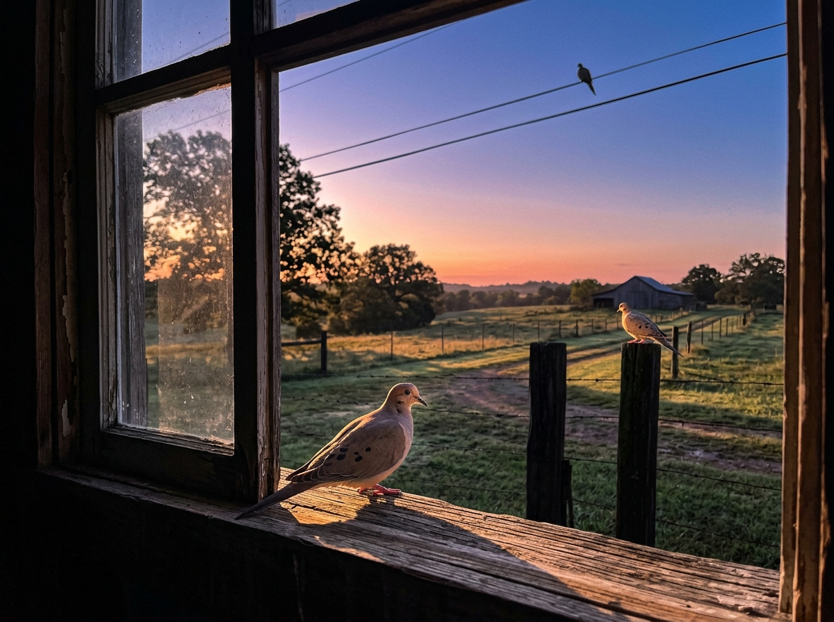 Mourning dove perched outside during dawn light to suggest peak call timing.