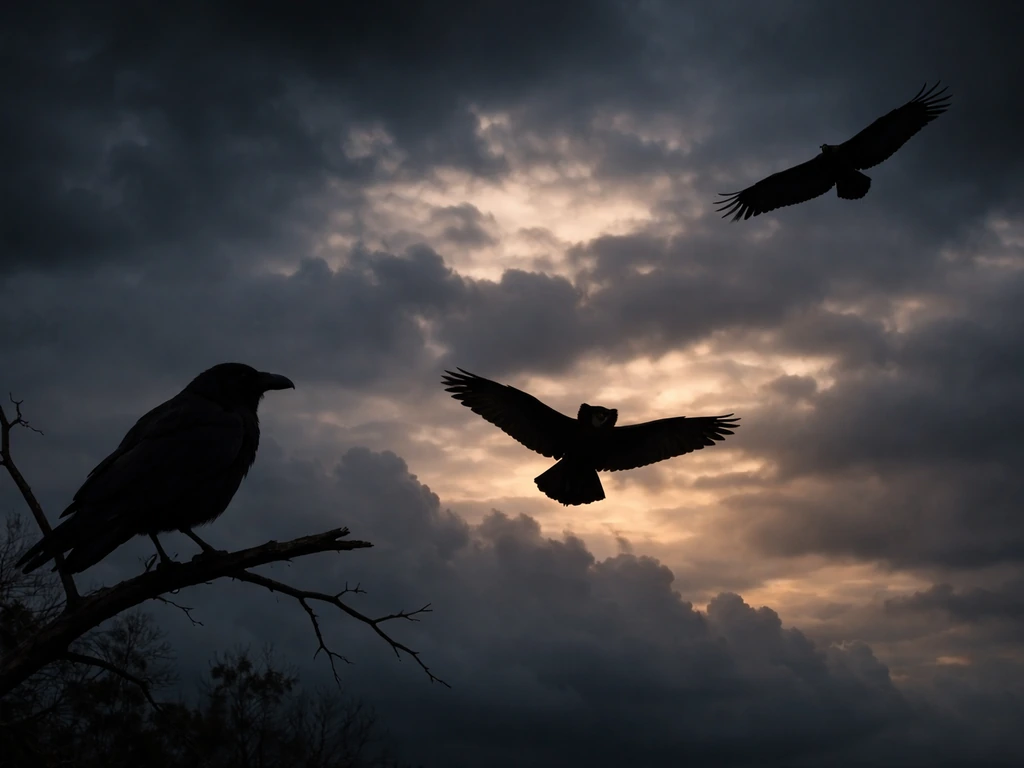 Silhouetted raven, owl, and vulture against an ominous stormy dusk sky.