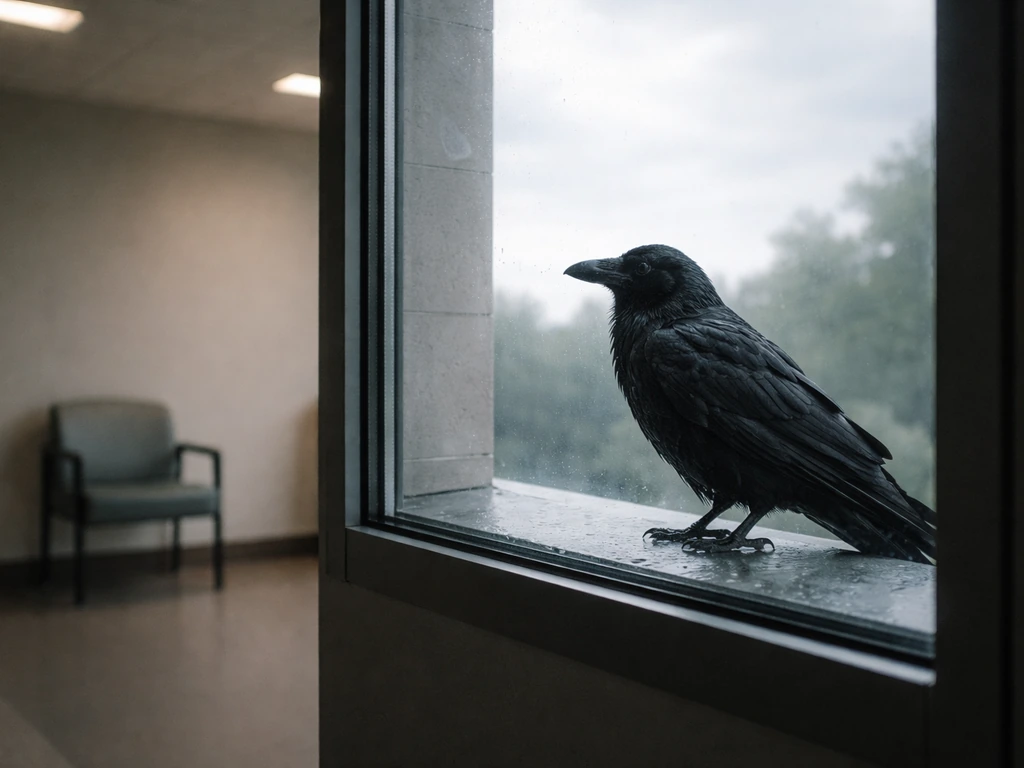 A black raven perched on a hospital window ledge with soft daylight, quiet ominous mood