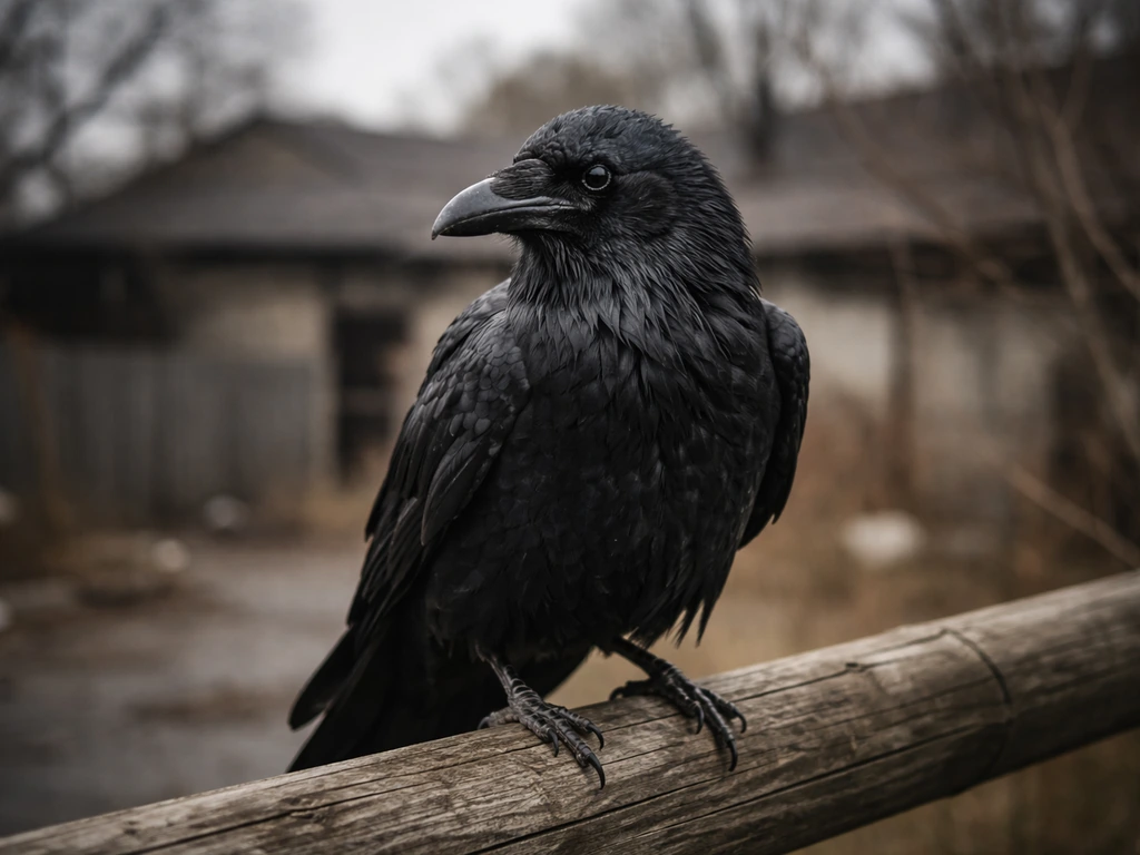 A raven perched on a grimy fence rail at the edge of an urban-rural landscape, overcast light.