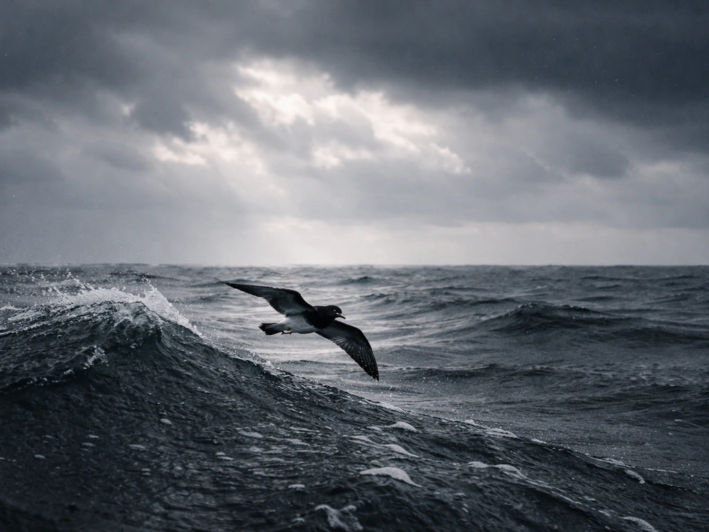 Storm-petrel-like seabird gliding over choppy ocean under dark storm clouds.