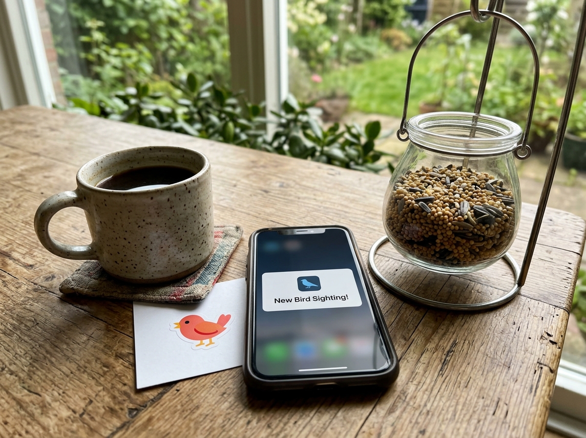 Bird emoji used for nature/pets alongside a social media context cue (feeder and phone).