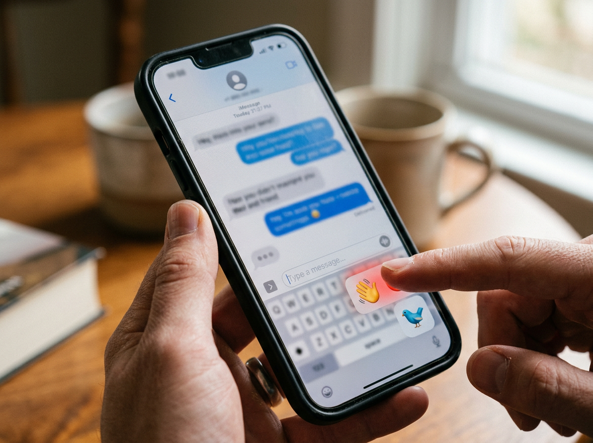 Hand holding a phone with wave and bird emoji highlighted in a blurred chat thread.