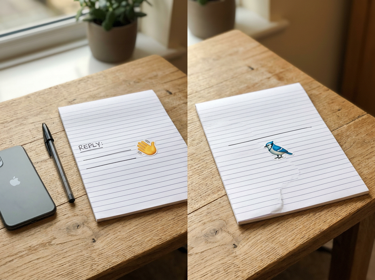 Reply guidance scene with wave and bird emoji stickers on paper alongside a phone and pen.
