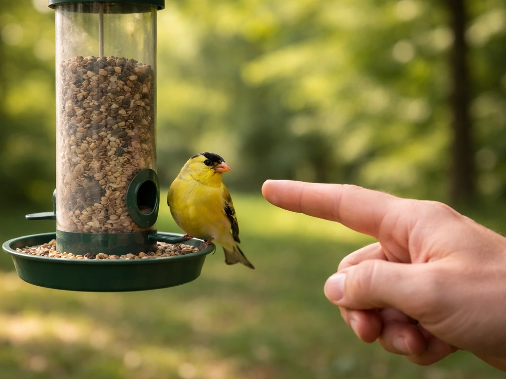 Hand gently pointing toward a small colorful bird perched near a feeder outdoors