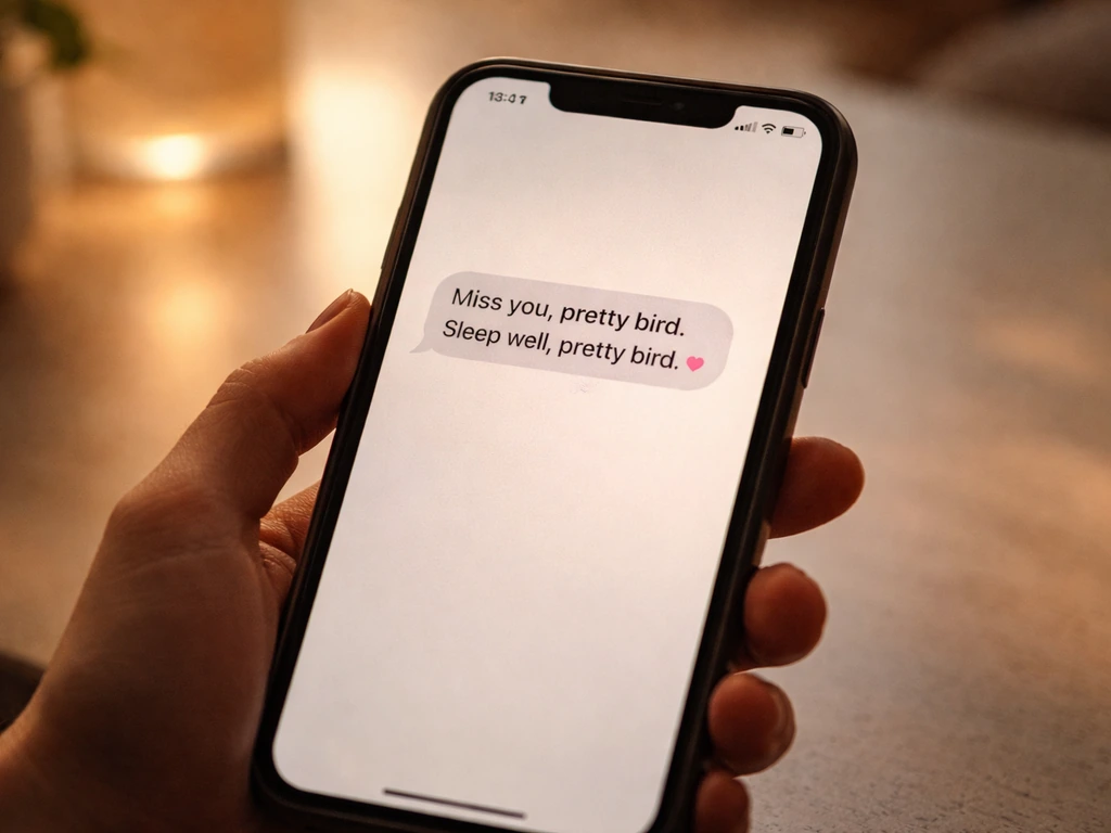 Close-up of a phone showing an affectionate recurring message with a bird nickname in a simple chat
