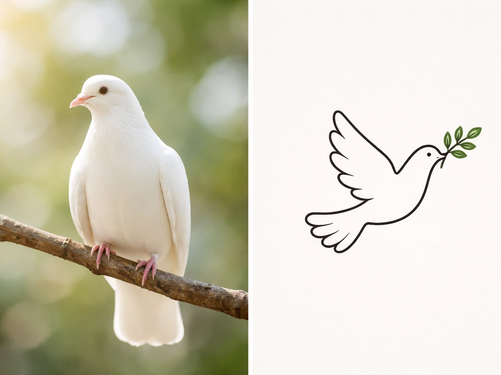 Photo split view: a real dove on a branch alongside a simple peace dove symbol with an olive sprig