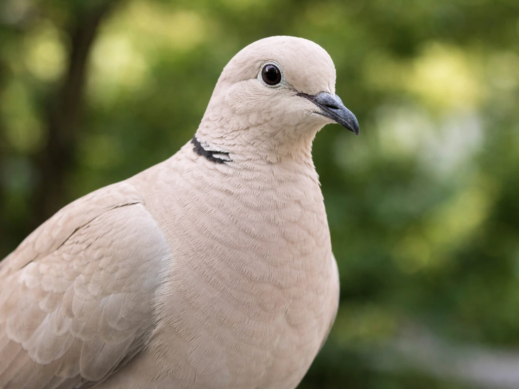 Close-up of a dove perched outdoors, showing detailed feathers and natural features.