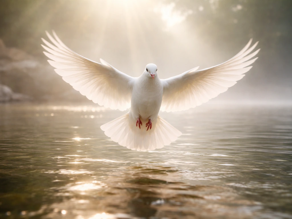 White dove descending toward a calm river with soft light rays in a baptism-style setting.