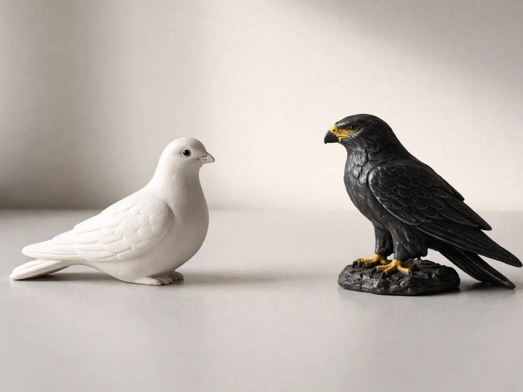Minimal photo of two contrasting symbols: a dove for diplomacy beside a hawk for military action.
